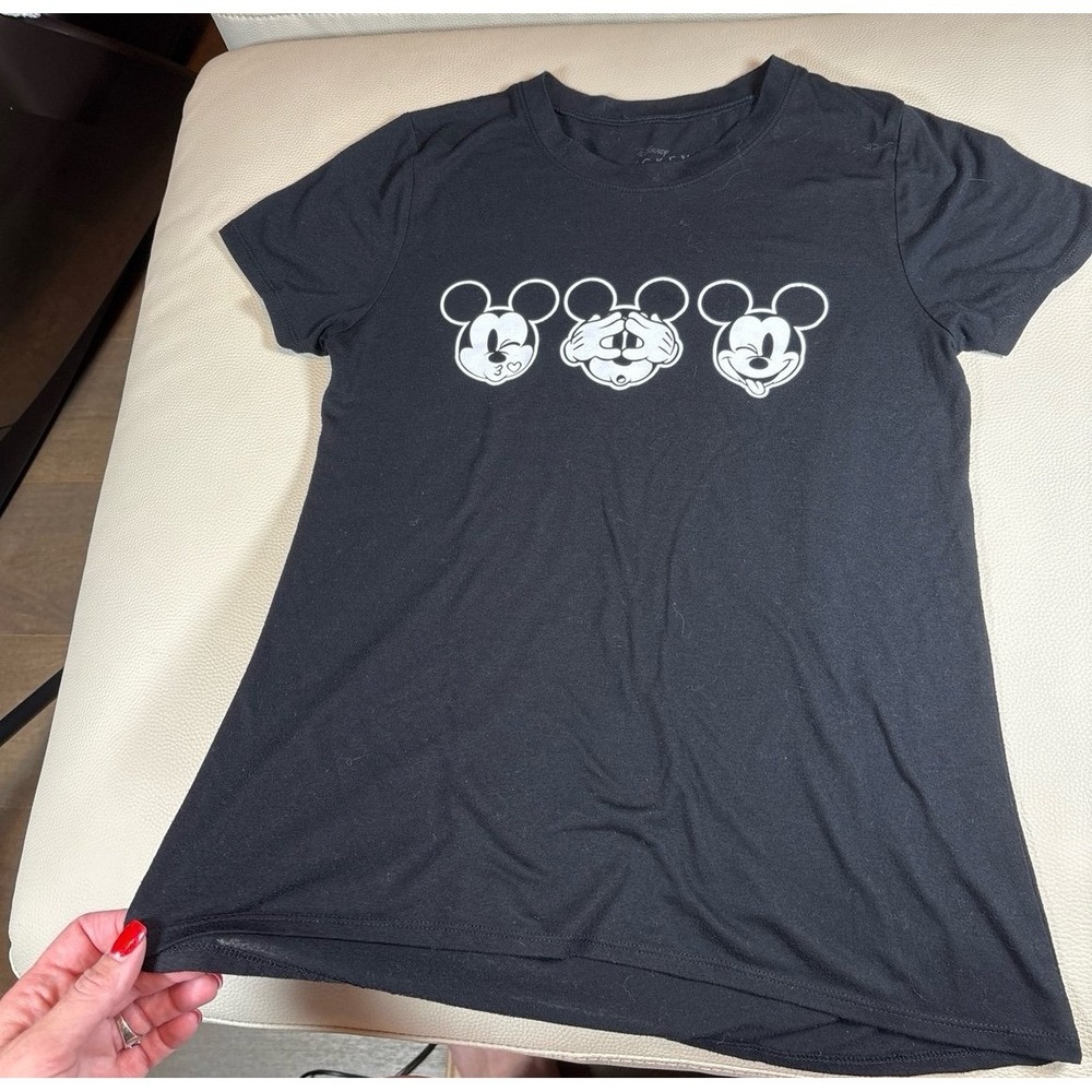 Women's size SMALL Disney Mickey Mouse black t-shirt. Polyester or rayon.